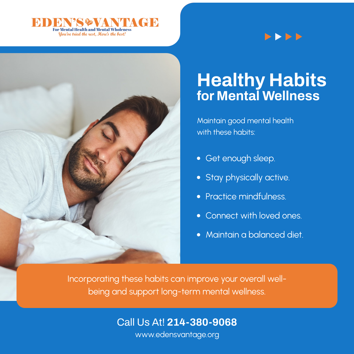 EdensVantage's tweet photo. Mental wellness starts with daily habits. Follow these simple steps to maintain emotional balance and well-being! 

#BehavioralHealthCare #ForneyTX #MindfulnessMatters https://t.co/QiZPypoYFB