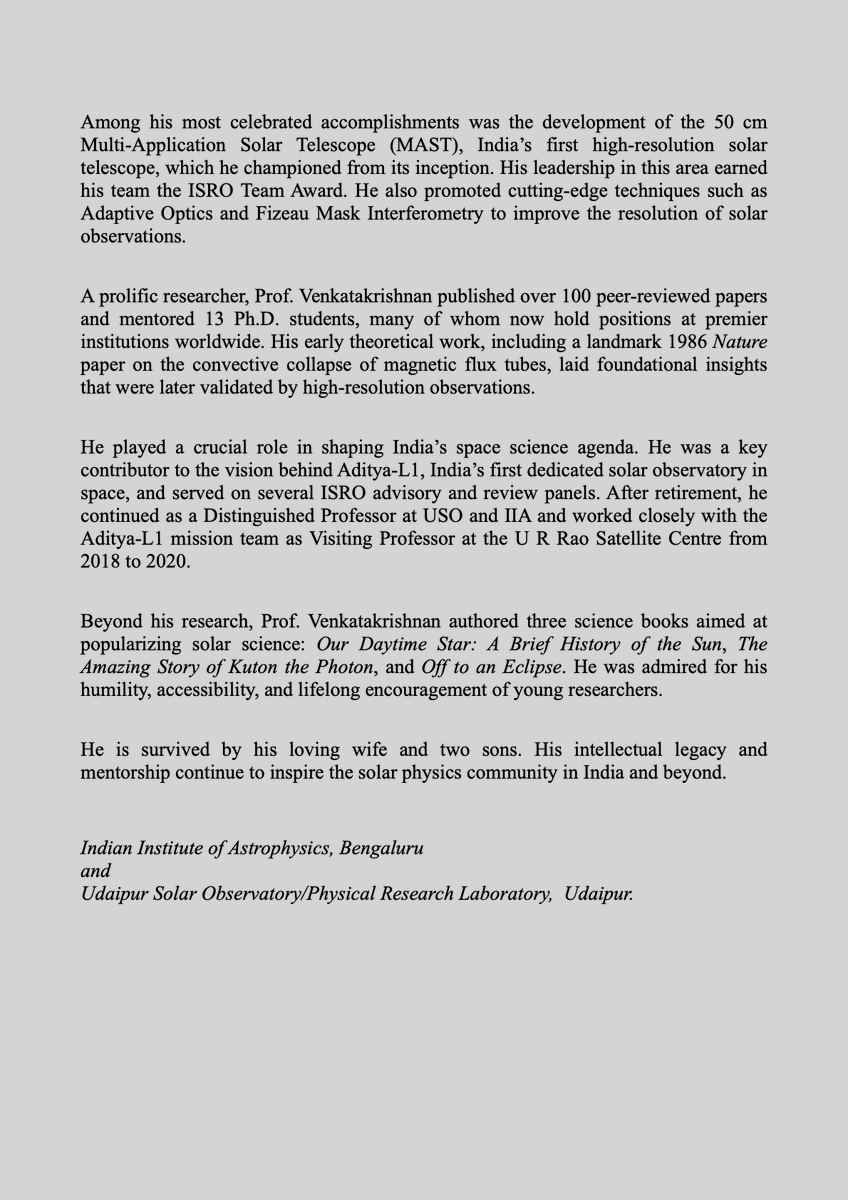 IIAstrophysics (@iiabengaluru) on Twitter photo The Indian & international scientific communities mourn the passing of Prof. Parameswaran Venkatakrishnan, a pioneering solar physicist & Distinguished Professor at IIA & USO, on April 12.
<a href="/IndiaDST/">DSTIndia</a> <a href="/fiddlingstars/">Annapurni Subramaniam</a> <a href="/PRLAhmedabad/">PRL Ahmedabad</a> <a href="/Indus_SolPhy/">Indian Solar Physics Community</a> <a href="/sprajaguru/">Paul Rajaguru</a> <a href="/kodaiastronomy/">Kodaikanal Observatory</a> The Indian & international scientific communities mourn the passing of Prof. Parameswaran Venkatakrishnan, a pioneering solar physicist & Distinguished Professor at IIA & USO, on April 12.
<a href="/IndiaDST/">DSTIndia</a> <a href="/fiddlingstars/">Annapurni Subramaniam</a> <a href="/PRLAhmedabad/">PRL Ahmedabad</a> <a href="/Indus_SolPhy/">Indian Solar Physics Community</a> <a href="/sprajaguru/">Paul Rajaguru</a> <a href="/kodaiastronomy/">Kodaikanal Observatory</a>