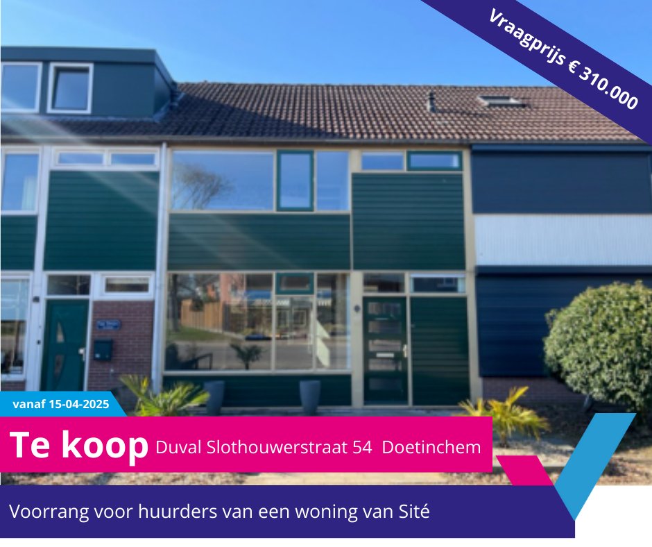 Op 15 april gaat de woning aan de Duval Slothouwerstraat 54 in Doetinchem in de verkoop. De vraagprijs is €310.000. Huurt u een sociale huurwoning bij Sité? Dan krijgt u tot en met 13 mei voorrang bij de verkoop.   Meer info: makelaar Ten Hag Doetinchem bit.ly/3viip3O