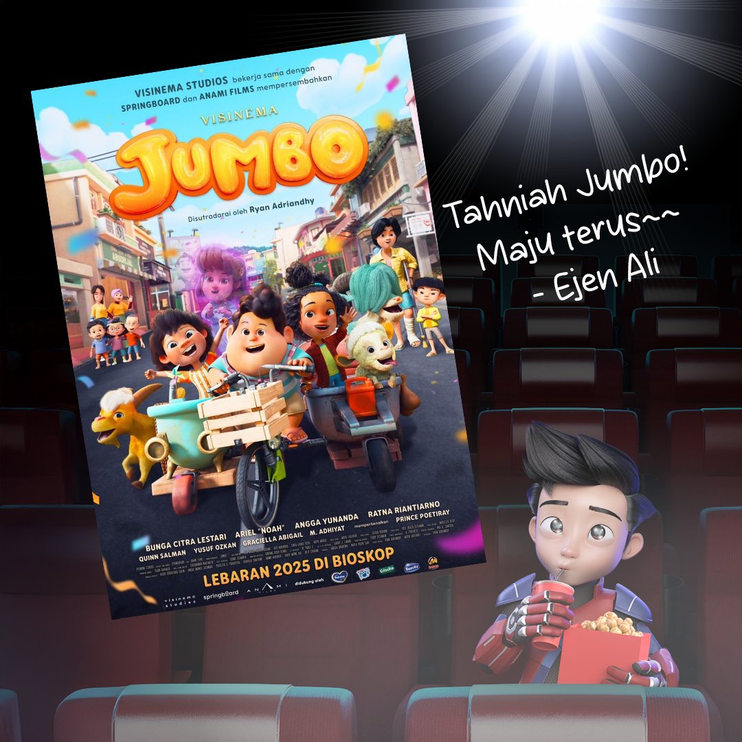 ejen_ali's tweet photo. Selamat & terus maju, Jumbo!
Ejen Ali mendukung filem animasi Jumbo, karya gemilang Indonesia~!
Sama-sama kita naikkan animasi Asia Tenggara ke global!
@visinemaID
@jumbofilm_id
#JumboUntukSemua #JUMBO #BuzzerJUMBO #aniSEA #aniMY https://t.co/e3uSDrkPTz