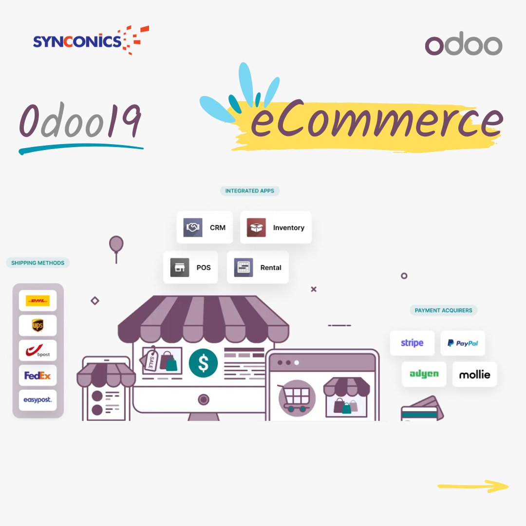 Synconics's tweet photo. 🚀 @Odoo  19 eCommerce is here – and it’s a game-changer!

🛒 New shop/product layouts
🤖 AI product suggestions
💳 Stripe, PayPal, Google Merchant
📦 FedEx, DHL, UPS integration
🎁 FREE Demo: https://t.co/JBXBF6aZHJ
#Odoo19 #eCommerce #Synconics #ERPExperts #Odoo https://t.co/g1NNQdV52e