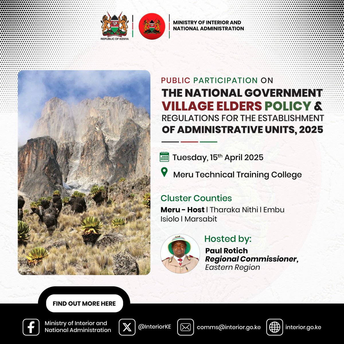 Regional and County Commissioners <a href="/ngaosKE/">NGAOs</a> are leading the public participation process across the Counties.