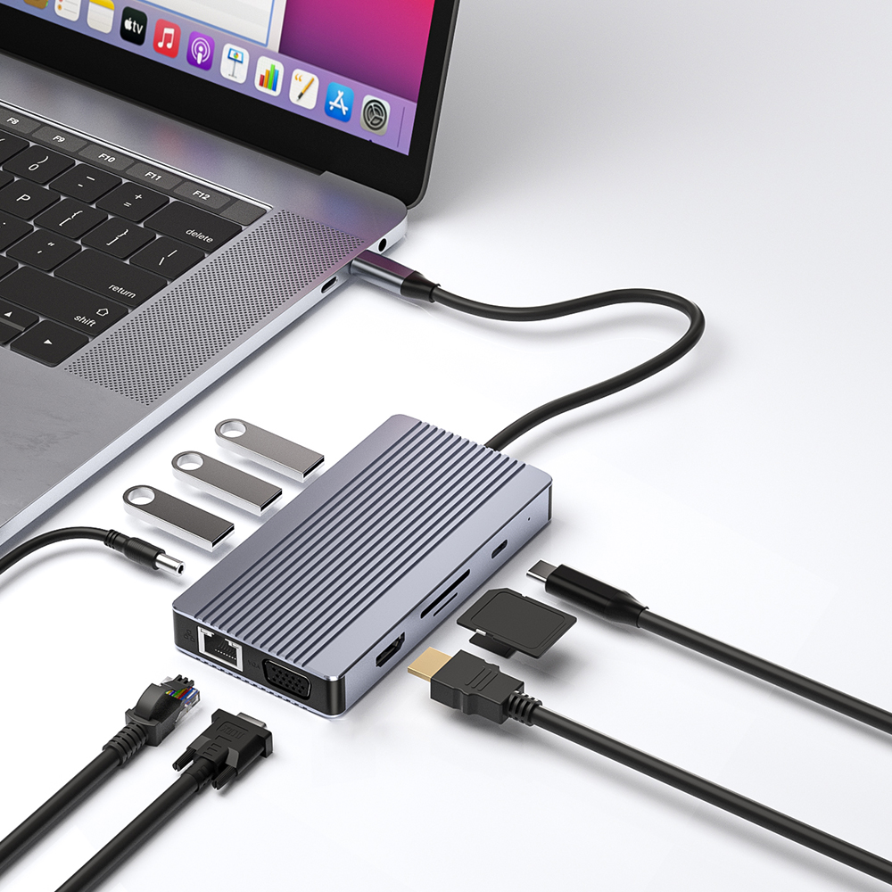 10 in 1 USB C Docking Station 

   　Specifications:

　　·Input Type C x1（Connect to host）

　　·1xType C（PD3.0 with max100w)

　　·1xHDM（MaX4K@30Hz)

　　·1xVGA（MaX1080@60Hz

　　·1xRJ45 Gigabit Ethernet，10M/100M/1000M
