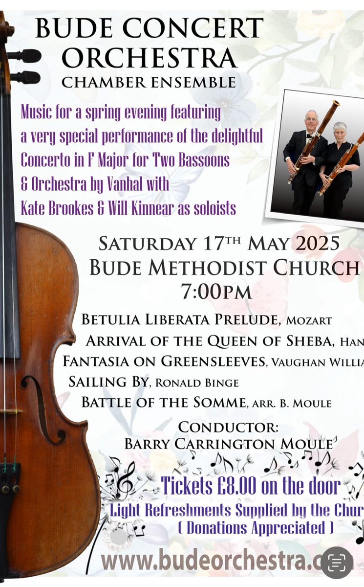 BudeOrchestra's tweet photo. WILL AND KATE TO PERFORM WITH BUDE CONCERT ORCHESTRA! The Bude Concert Orchestra will be joined by two brilliant bassoonists at Bude Methodist Church on Saturday 17th May Will Kinnear and Kate Brookes for concerto in F major for 2 Bassoons by Vanhal #bude #cornwall @ClassicFM https://t.co/2bNW88zlue