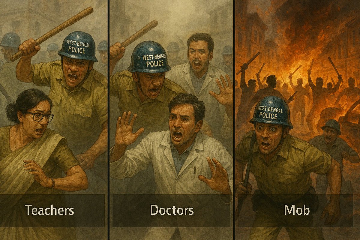 Sukumar316's tweet photo. *Teachers protest for jobs - Beaten.
*Doctors protest against rape - Beaten.
*But when a religious mob sets the state on fire - the police choose flight over fight.

The power to act is there. The will? Selective.

One frame. Multiple truths. https://t.co/hRaG6tGigl