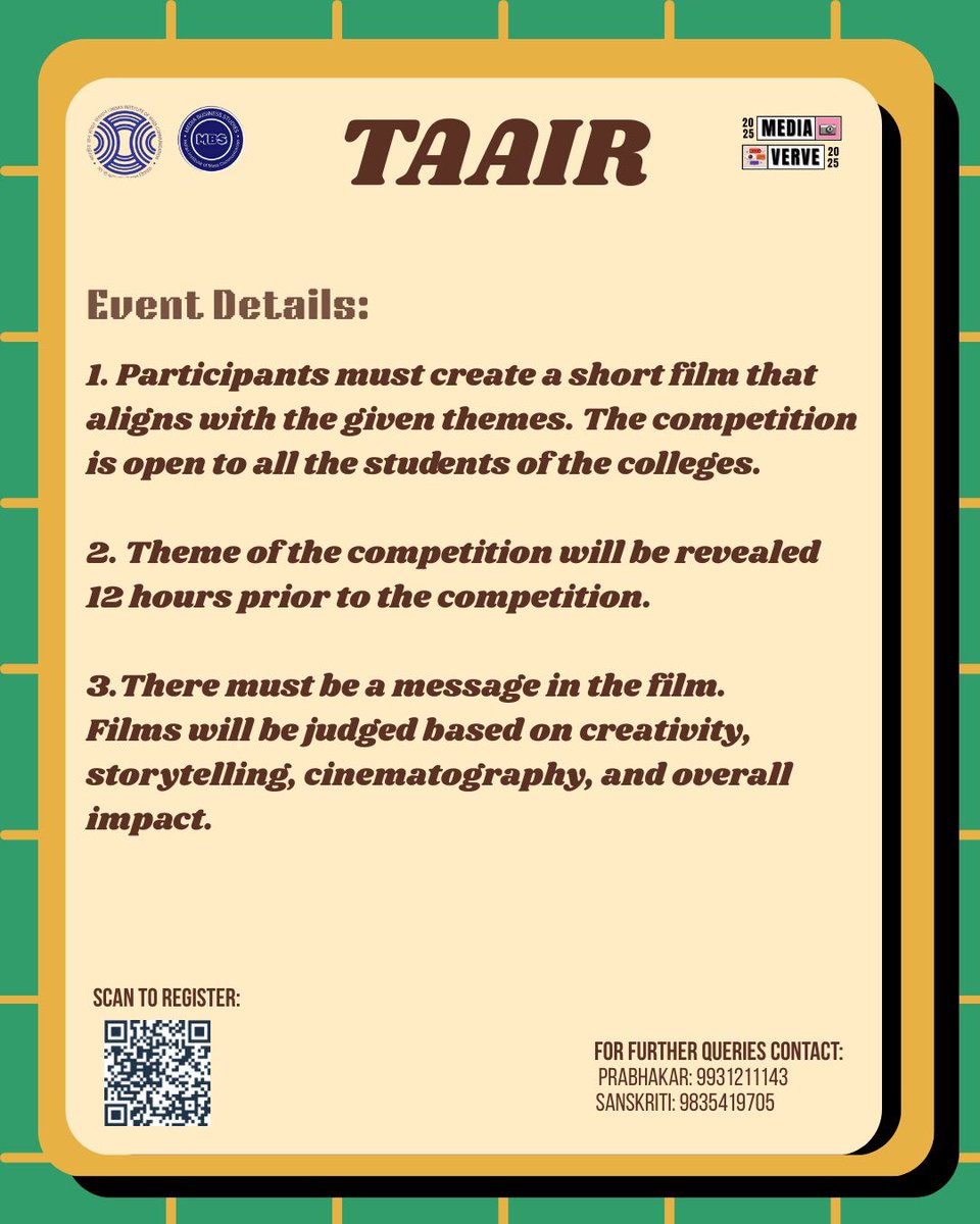 IIMC_India's tweet photo. (2)
1st Prize – ₹5000
2nd Prize – ₹3000
3rd Prize – ₹2000
Date: 17th April
Venue: Indian Institute of Mass Communication
One shot. One story. Infinite possibilities. Are you ready to roll?
#mediaverve2025 #MBSmediafest #creativityunleashed #celebratemedia #studentfest https://t.co/D82AHCuzHz