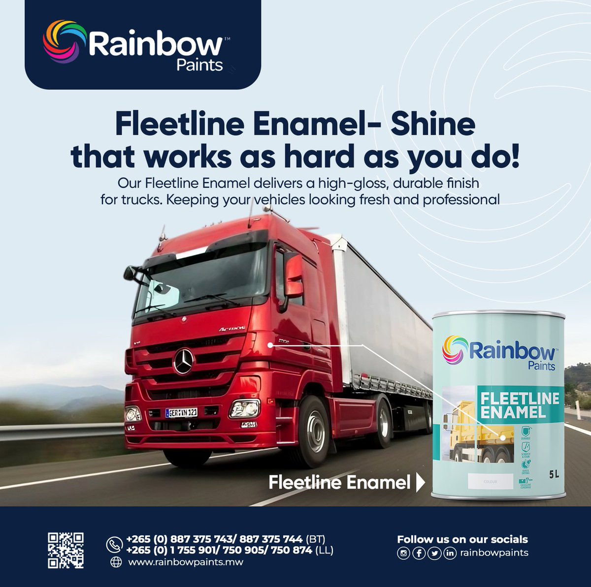 rainbowpaintsmw's tweet image. Keep your fleet looking sharp! 🚛✨ Fleetline Enamel delivers high-gloss, durable protection. #GlossThatLasts #TruckPerfection #RainbowPaints