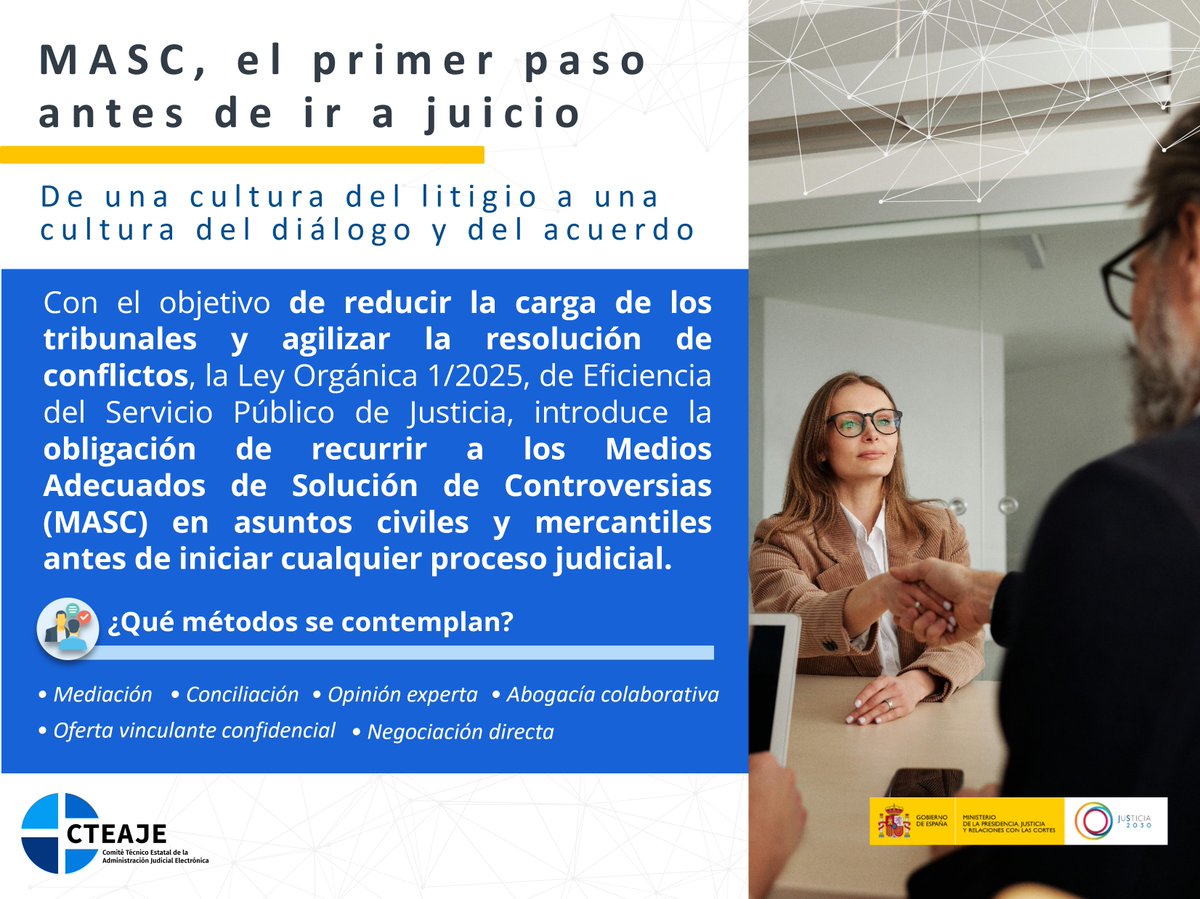 El objetivo del MASC es alcanzar una solución eficiente, confidencial y satisfactoria para todas las partes, evitando largos y costosos procedimientos judiciales 👇
administraciondejusticia.gob.es/medios-solucio…