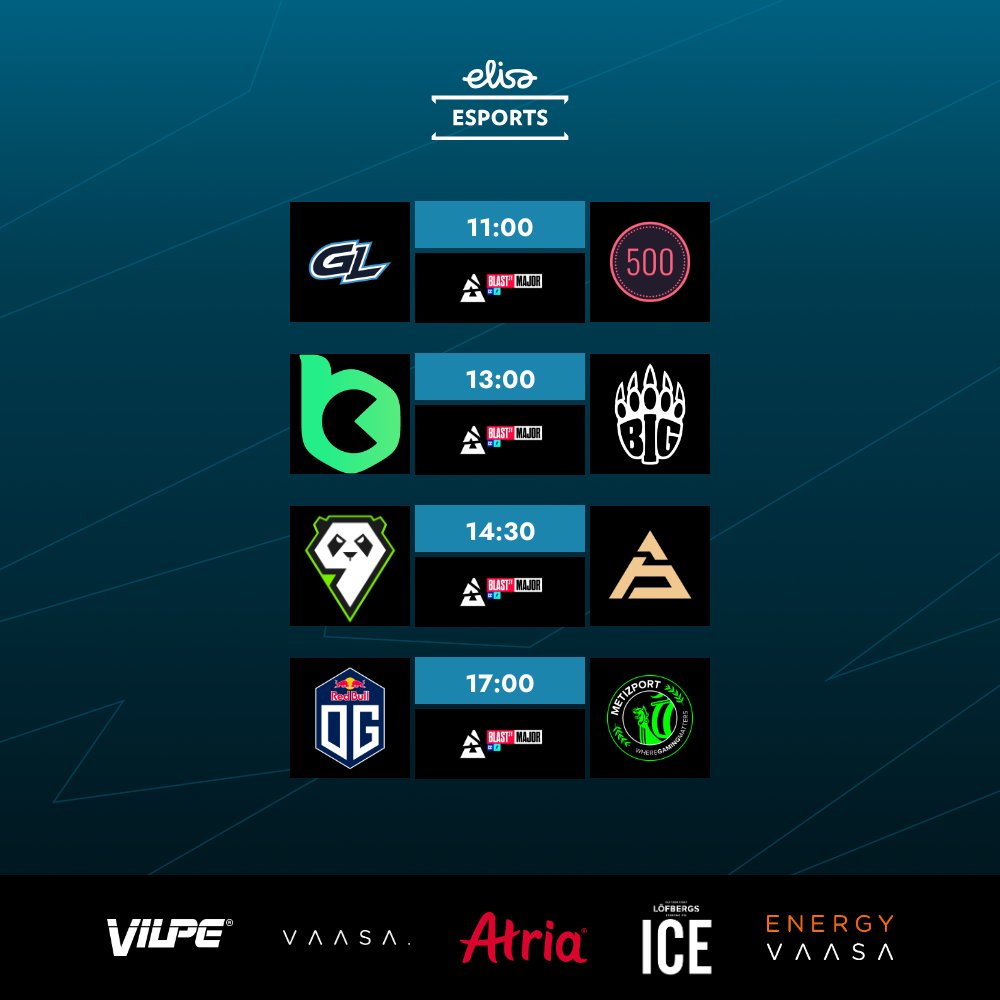 2. päivä Texasin Major karsintoja YEEEHAAAW 🤠

⏰ 11:00
⚔️ GamerLegion vs 500

⏰ 13:00
⚔️ BC Game vs BIG

⏰ 14:30
⚔️ 9 Pandas vs SAW

⏰ 17:00
⚔️ OG vs Metizport

📺 twitch.tv/elisaviihdespo…
📺 youtube.com/@elisaesports

#esportsfi