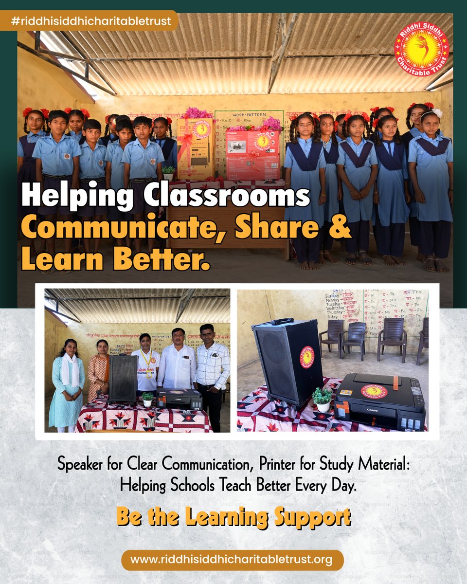 RiddhiSiddhiCT's tweet image. No speaker means unheard lessons. No printer means limited study material.
Help us equip village schools with basics.
.
.
#hpprinters #printers #ruralschools #bose #JBL #speaker #supportus #donate #villagechildren #learning #Essentials