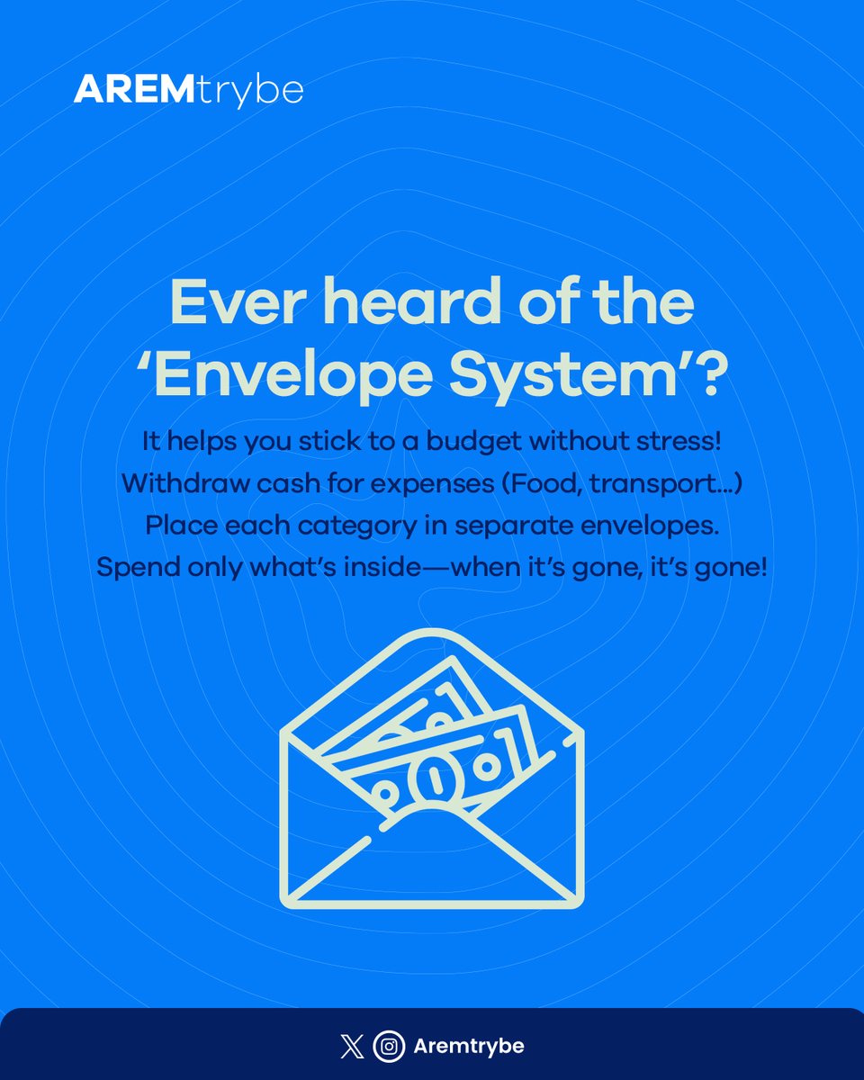 AREMtrybe's tweet image. Budgeting made simple! 
Try the Envelope System and take control of your spending, one envelope at a time. When it's gone, it's gone! 

#MoneyManagement  #EnvelopeSystem #AremTrybe