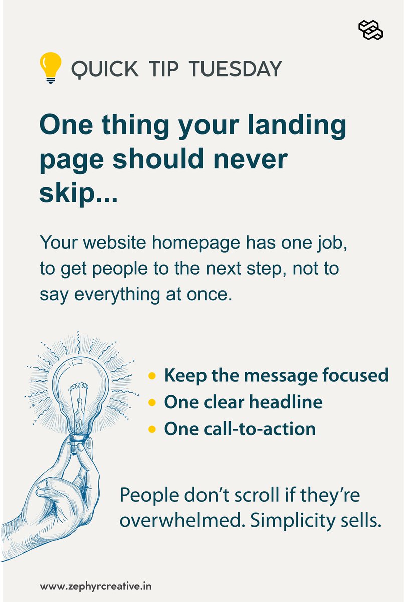 Zephyr_Creativ's tweet photo. Quick Tip Tuesday 🧠

Your homepage has one job:
👉 Move users to the next step.
Not tell your life story.

✅ Clear headline
✅ One CTA
❌ No fluff

Simplicity wins.

#WebDesign  #GrowthHacks #MarketingTips #ZephyrCreative https://t.co/iFUCQsr0W8