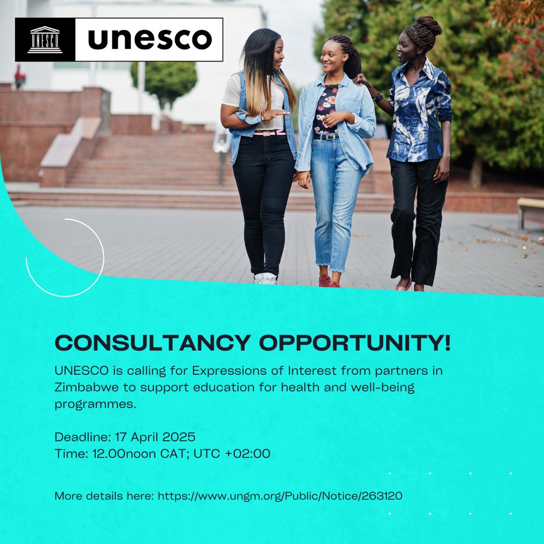 🚨 Consultancy Opportunity!

<a href="/UNESCO/">UNESCO 🏛️ #Education #Sciences #Culture 🇺🇳</a> is calling for Expressions of Interest from partners in 🇿🇼 #Zimbabwe to support education for health and well-being programmes.

Deadline: 17 April 2025
⏰ Time: 12.00noon CAT; UTC +02:00 

Details 👉ungm.org/Public/Notice/…

#EOI #Consultancy