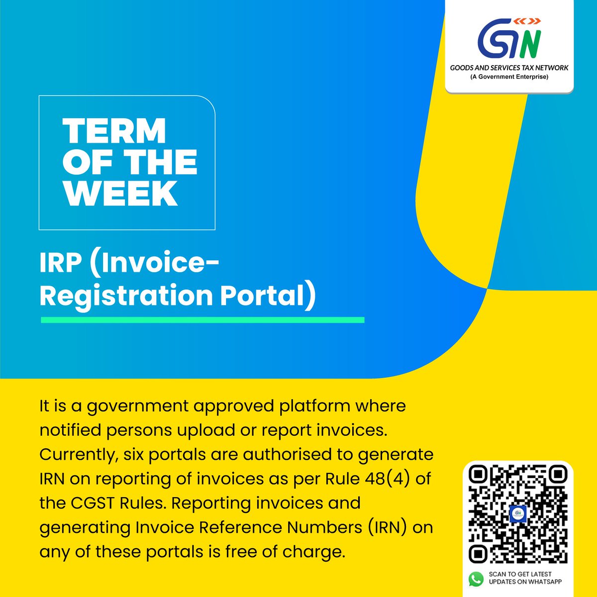 Infosys_GSTN's tweet photo. Term of the Week: IRP (Invoice - Registration Portal)
#GST #GSTN #InvoiceRegistrationPortal #IRPIndia #DigitalInvoicing #SimplifyInvoicing #EaseOfDoingBusiness #GSTUpdates #GSTInfo #GSTInsights #GoDigitalWithIRP #Registered #GSTSimplified #GSTImpact #IRPAwareness https://t.co/Kbm1m4qqKG