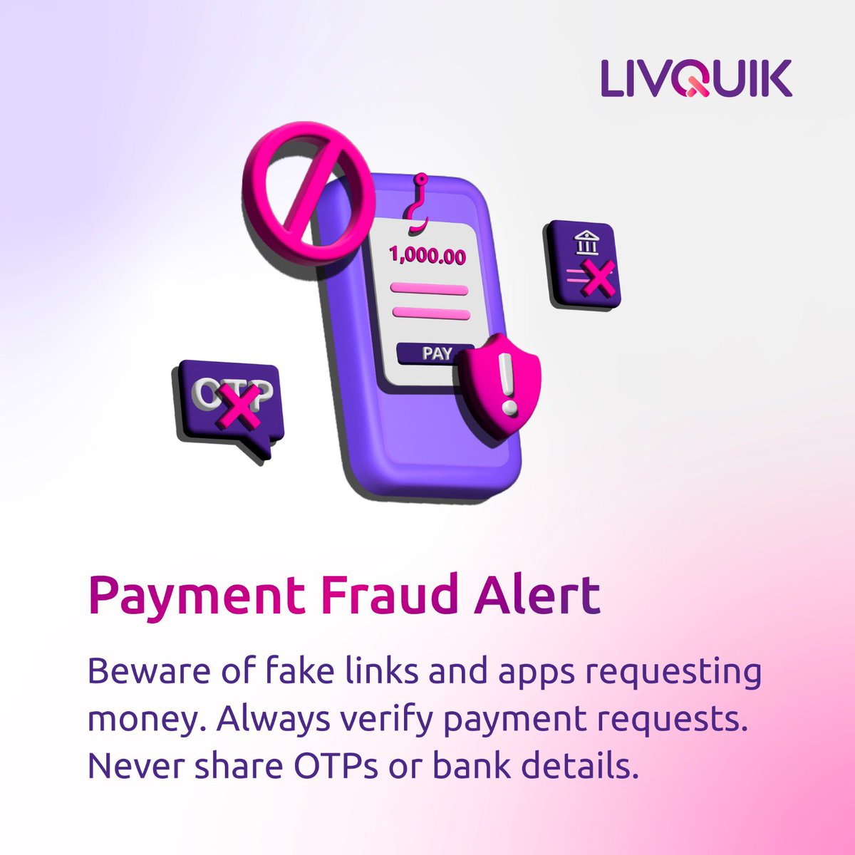 LivQuik_India's tweet photo. Scammers are using fake links and apps to deceive users into sending money. Always confirm payment requests directly and keep your OTPs and bank details confidential to avoid falling victim to fraud.

#StaySecure #CyberSafety #PaymentFraud #LivQuik https://t.co/Pmt3L3I2LM