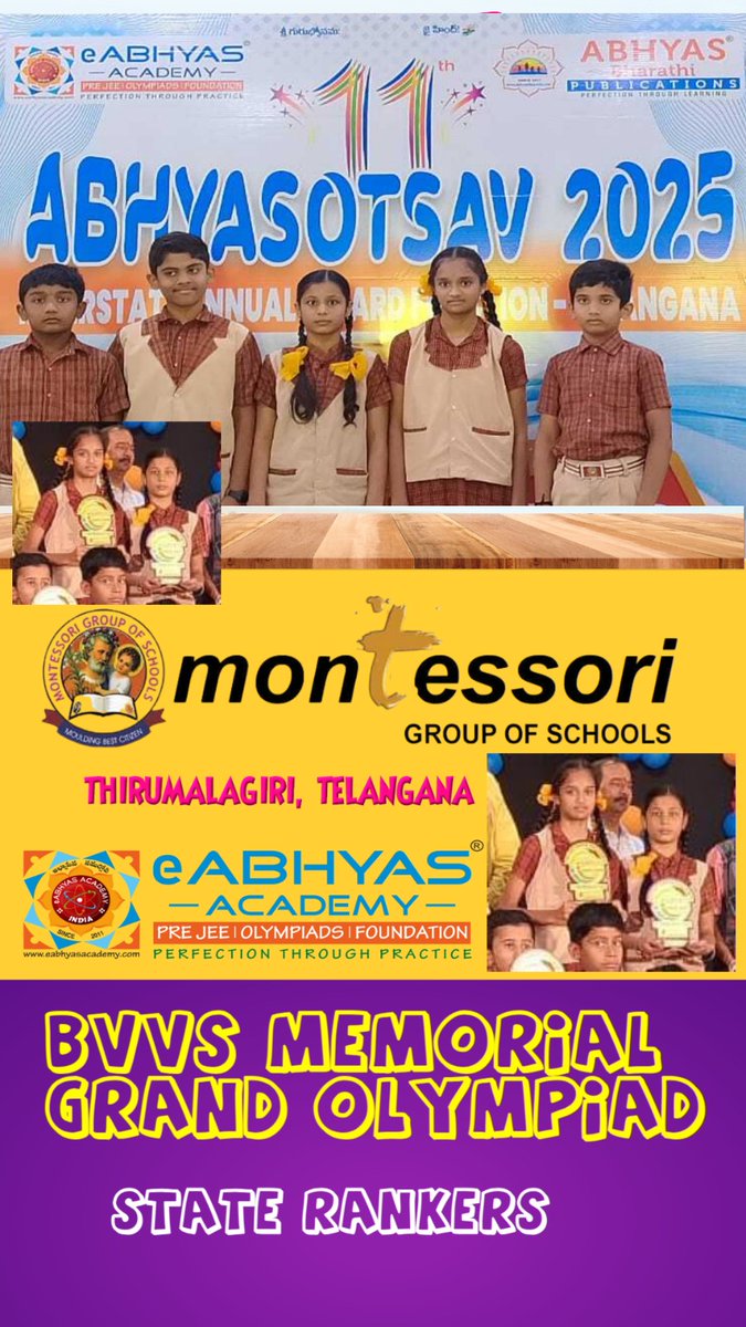 memsjngroups's tweet image. Our brilliant stars from Montessori Group of Schools, Thirumalagiri, Telangana have shined bright at the BVVS Memorial Grand Olympiad 2025 by securing State Ranks! 🌟👏

#MontessoriThirumalagiri #StateRankers #OlympiadWinners #Abhyasotsav2025 #BVVSMemorialOlympiad #eAbhyasAcademy