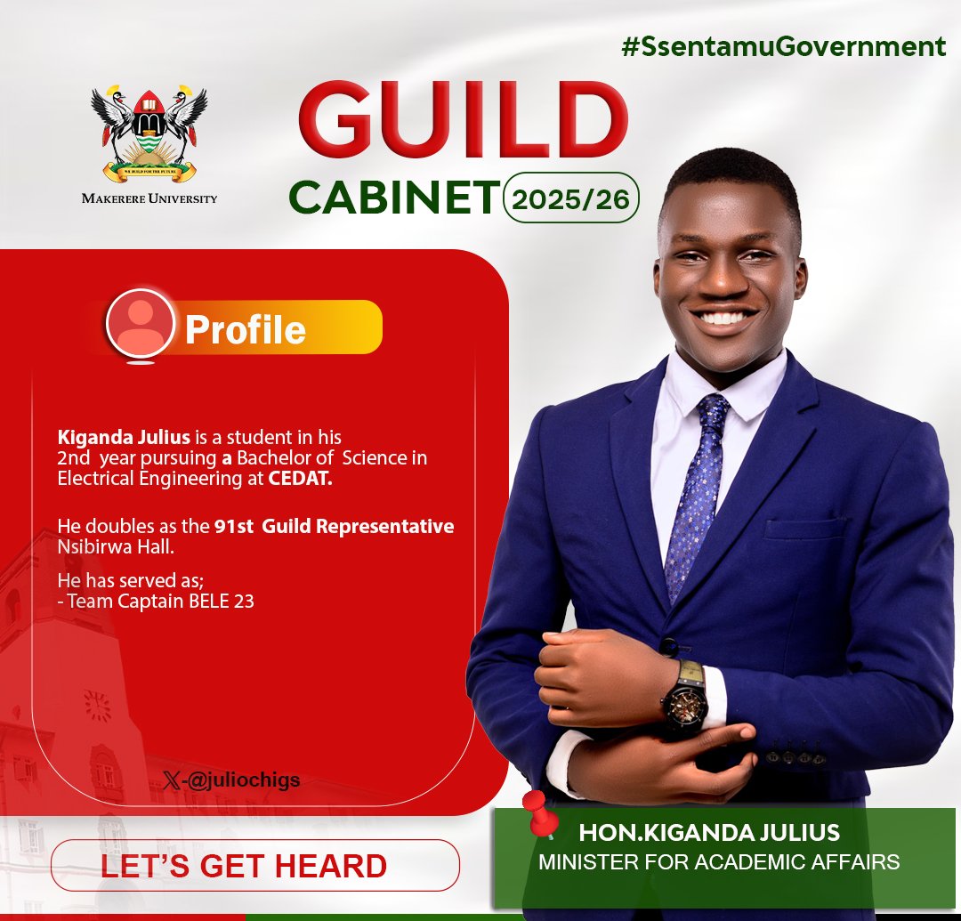 MakGuild's tweet photo. Keeping the best for the last. Ladies and gentlemen,at the heart of academic growth is Hon Kiganda Julius, serving as the Minister for Academic Affairs for 2025/26 guild Cabinet.
#Ssentamugovernment
#LetsGetHeard
#Knowyourminister https://t.co/Q65Swh63xH
