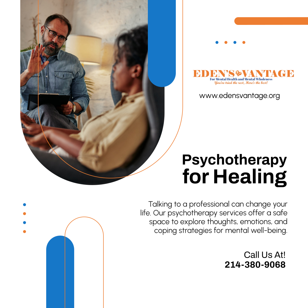 EdensVantage's tweet photo. Healing begins with the right support. Our psychotherapy services provide a path to self-discovery and emotional resilience. Call us today! 

#BehavioralHealthCare #ForneyTX #TherapyWorks https://t.co/UcYi2Zfs7Y