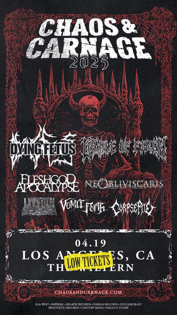 Dying Fetus (@dyingfetusband) on Twitter photo LOW TICKETS WARNING βΌοΈ
CHAOS AND CARNAGE tour with <a href="/CradleofFilth/">Cradle of Filth</a> , <a href="/FApocalypse/">Fleshgod Apocalypse</a> , <a href="/NeObliviscaris3/">Ne Obliviscaris</a> , <a href="/undeathNY/">UNDEATH</a> , <a href="/VomitForth/">πππππ π
ππππ</a> and <a href="/CorpsePileTXDM/">Corpse Pile</a> at the Wiltern in LA is selling quick!
Grab your tickets NOW before itβs to late!
ποΈ bandsintown.com/a/2738-dying-fβ¦ LOW TICKETS WARNING βΌοΈ
CHAOS AND CARNAGE tour with <a href="/CradleofFilth/">Cradle of Filth</a> , <a href="/FApocalypse/">Fleshgod Apocalypse</a> , <a href="/NeObliviscaris3/">Ne Obliviscaris</a> , <a href="/undeathNY/">UNDEATH</a> , <a href="/VomitForth/">πππππ π
ππππ</a> and <a href="/CorpsePileTXDM/">Corpse Pile</a> at the Wiltern in LA is selling quick!
Grab your tickets NOW before itβs to late!
ποΈ bandsintown.com/a/2738-dying-fβ¦