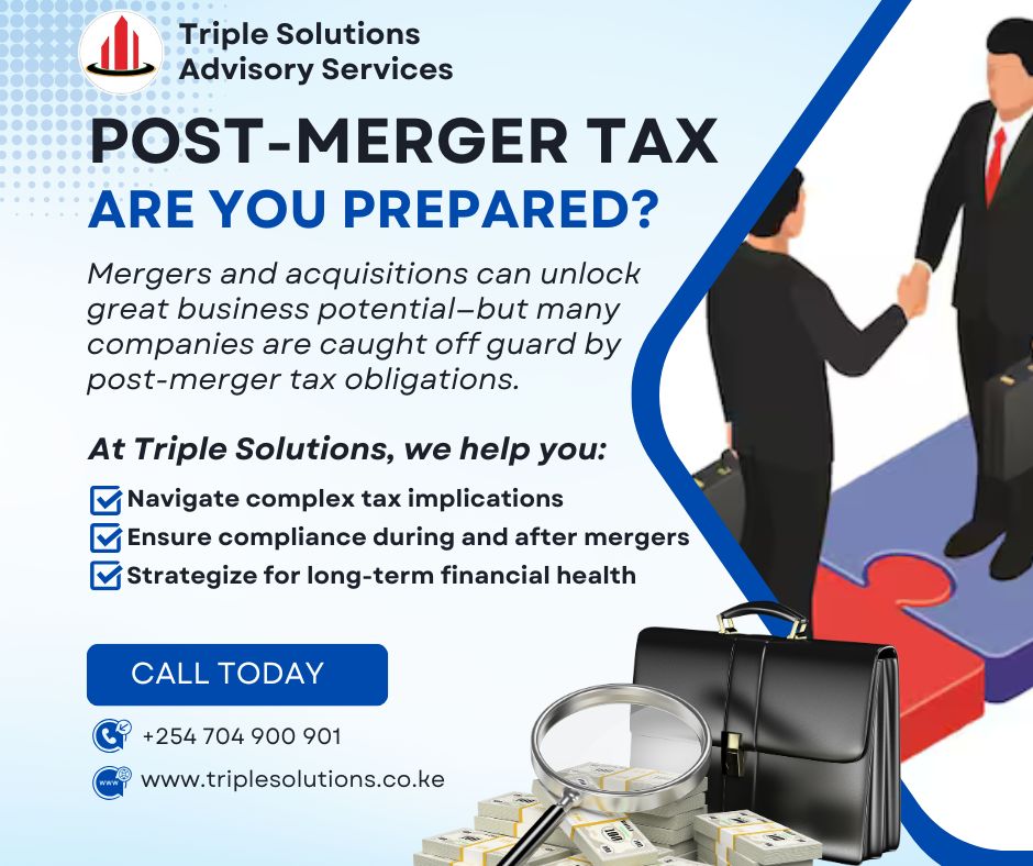 TripleSolKe's tweet image. Post-Merger Tax: Are You Prepared? At Triple Solutions we help you:  
✅Navigate complex tax implications 
✅Ensure compliance during and after mergers ✅Strategize for long-term financial health  #TripleSolutions #Tax #BusinessGrowth #PostMergerTax #Compliance #AuditExperts