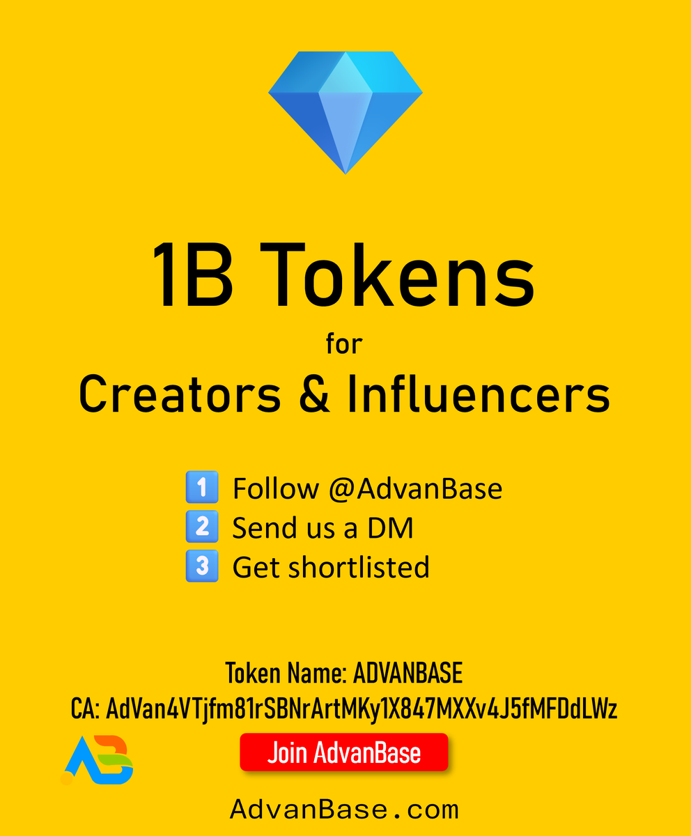 🚨 Creators &amp; Influencers! 🚨
1 BILLION AdvanBase tokens 💎 are reserved JUST for YOU!
🎯 How to join:
1️⃣ Follow @AdvanBase
2️⃣ Send us a DM
3️⃣ Get shortlisted for exclusive token rewards
Your influence matters. 🫶
👉 Join now: AdvanBase.com
#AdvanBase #Solana