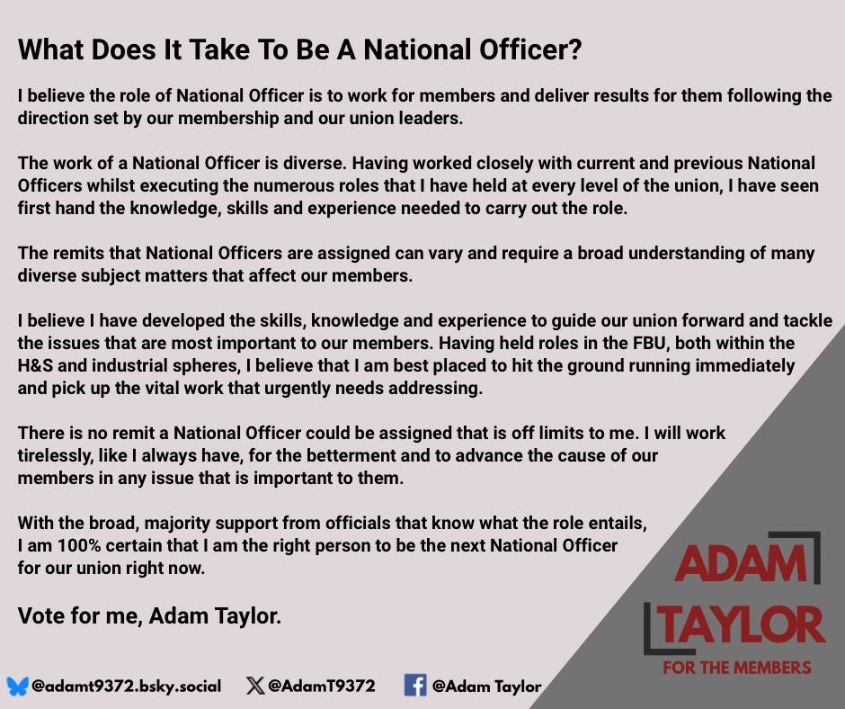 My take on what it takes to be a National Officer in the FBU. ✍️ 

With National Officer (NO) remits covering;

Legal, which includes running ballots, inquiries and general legal services 

Pensions 

Equalities 

Organising 

Education 

Supporting brigade and regional