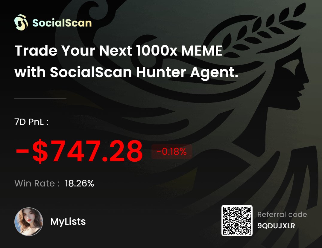 newsunstars's tweet image. 🚀🚀 I discovered this amazing Smart Money Watchlist tool that helps you find next 1000x MEME! Follow on SocialScan.io
MyLists
7D PnL -$747.28(-0.18%)
Win Rate 18.26%
Smart Holders 6
#MEMECoin #SocialScan #Agent
socialscan.io/meme-dashboard…