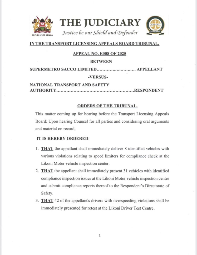 TLAB_ke's tweet photo. @SuperMetro_Ke shall cease operations immediately. Suspension order by @ntsa_kenya  restituted by the Board until conditions set are met. @IG_NPS given the order for strict enforcement.
@zakheem_rajan @Kenyajudiciary @DrAdrianKamotho @loddca @BreakingNewsKE https://t.co/UMN6a7rQH3