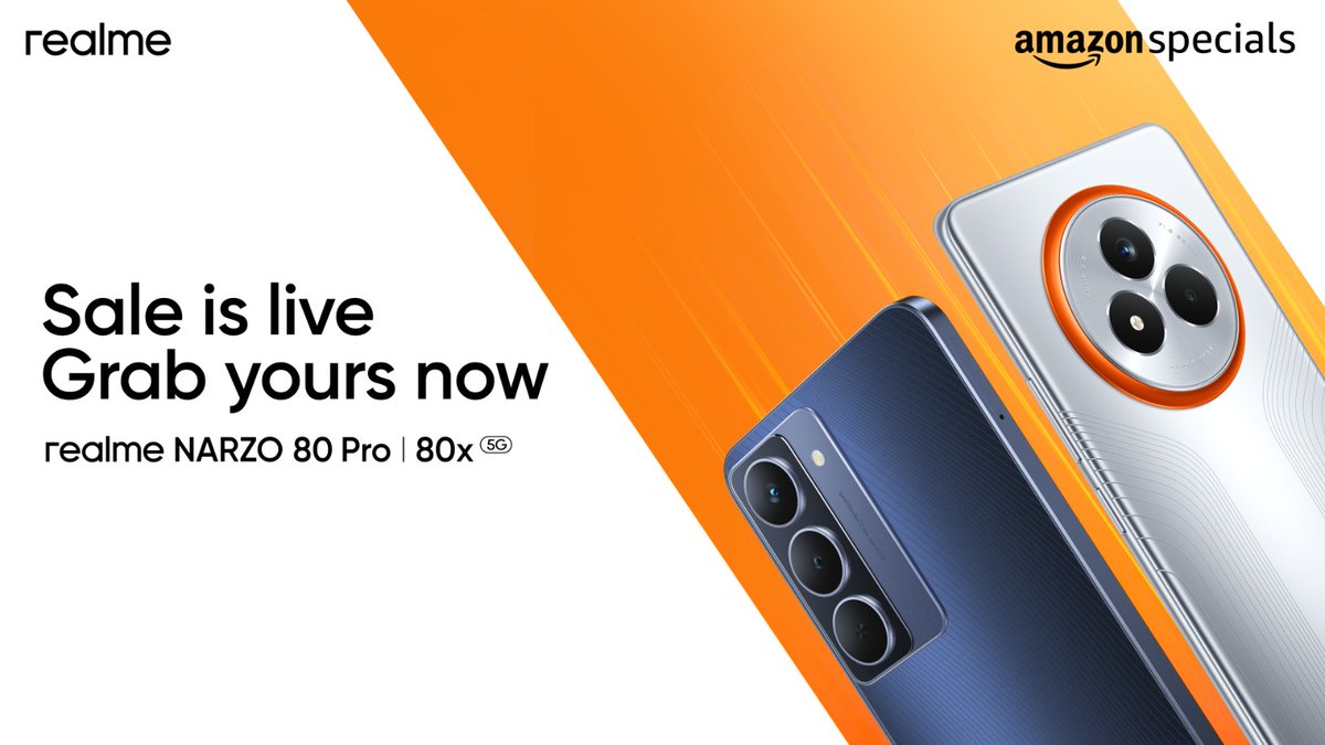 realme narzo India (@realmenarzoin) on Twitter photo It's time to upgrade!
The #realmeNARZO80Pro5G and #realmeNARZO80x5G are on sale.
Grab yours today and get #ReadyToWin!
Starting from ā¹11,999*
Know more:
realme.com: bit.ly/4ct8YQc
<a href="/amazonIN/">Amazon India</a> : bit.ly/4lvI1PP It's time to upgrade!
The #realmeNARZO80Pro5G and #realmeNARZO80x5G are on sale.
Grab yours today and get #ReadyToWin!
Starting from ā¹11,999*
Know more:
realme.com: bit.ly/4ct8YQc
<a href="/amazonIN/">Amazon India</a> : bit.ly/4lvI1PP