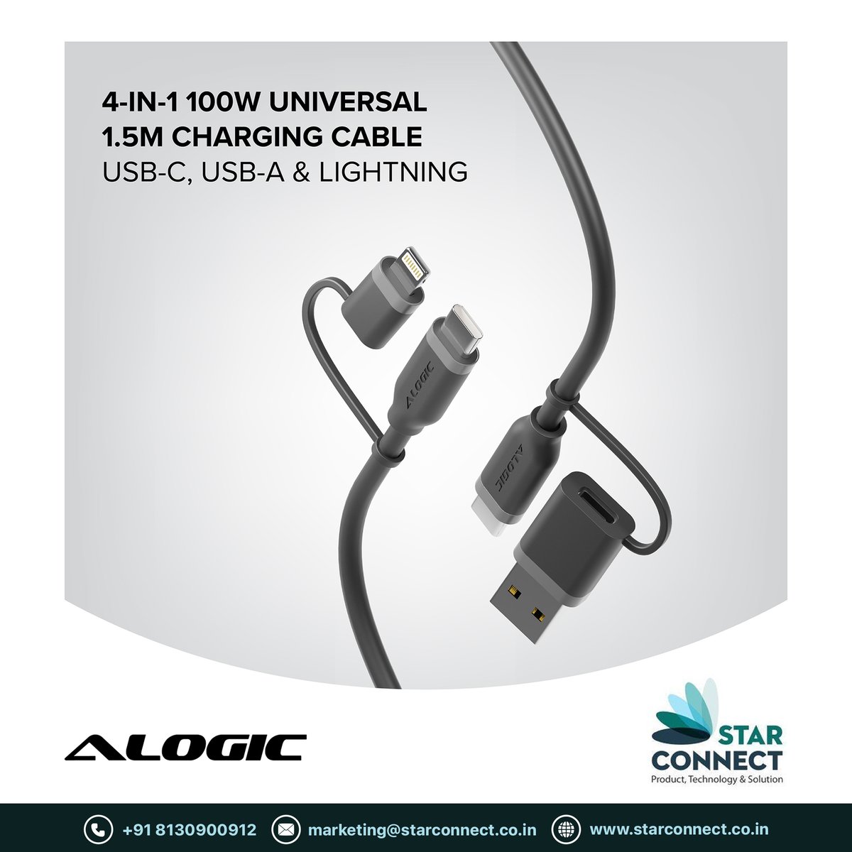 StarconnectM's tweet image. ALOGIC 4-in-1 Universal Cable
100W fast charging | USB-C, USB-A &amp;amp; Lightning support | Tangle-free &amp;amp; tear-resistant
📩 For queries, contact us at marketing@starconnect.co.in
@StarconnectM – Authorised distributor of @AlogicCorp 

#ALOGIC #UniversalCable #100WCharging #StarConnect