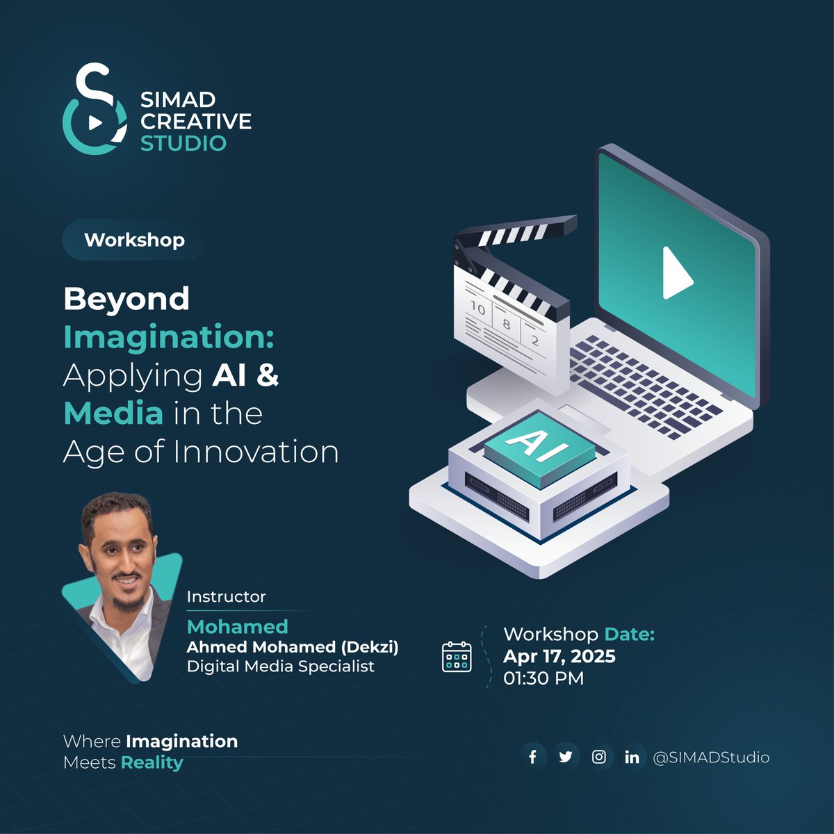 SIMADStudio's tweet photo. The Future Doesn’t Wait. It Creates.
Join our hands-on workshop on Beyond Imagination: Applying AI &amp; Media in the Age of Innovation

🗓 Apr 17, 2025 | ⏰ 1:30 PM
📍 SIMAD University, Town Campus
🔗 Register Here: https://t.co/bbGKXqU1sj

#BeyondImagination #AI #Media #SIMADStudio https://t.co/57GNx7Vg1p