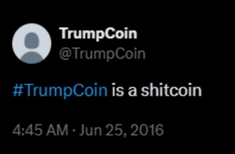 An old abandoned account with the handle @Trumpcoin tweeted “TRUMPCOIN is a Shitcoin” in 2016.

Trump’s coin is actually so bad, and with 20% unlocking in a couple days it’s most likely gonna get a lot worse. 

Gamble for now.

HgLaphJ953wreqWJWf3uRHMpmvMR221dLtgauK9Apump
