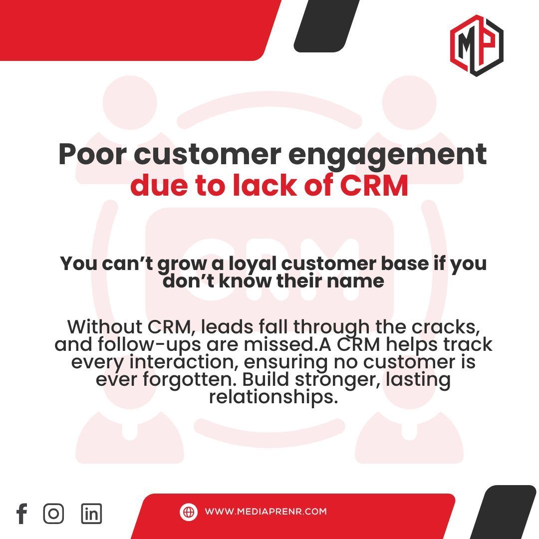 MPrenr's tweet photo. Poor customer engagement due to lack of CRM
 
 “You can’t grow a loyal customer base if you don’t know their name. 🧠💬”

 Without CRM, leads fall through the cracks, and follow-ups are missed.

 #CRMSystem #CustomerFirst #ClientManagement #SalesGrowth #TuesdayTips #SmartSelling https://t.co/DrglEvmtdu