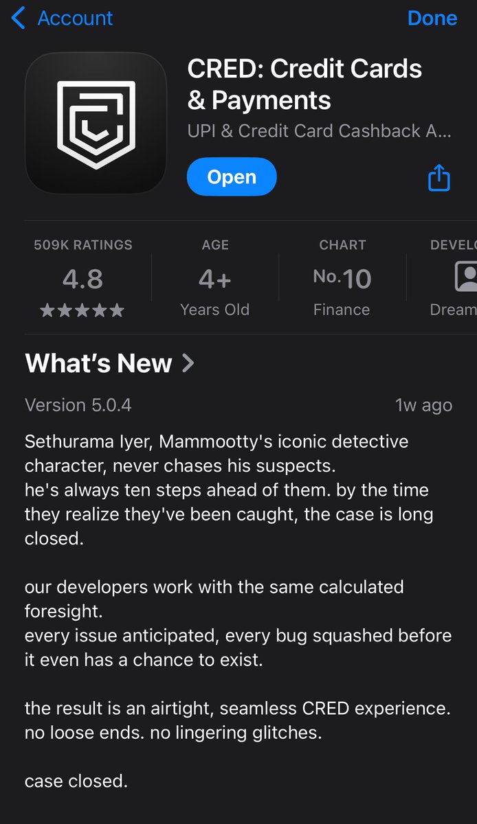 Crazy description of the new update for <a href="/CRED_club/">CRED</a> 

For the Malayalee in me, this is gold 🤩

Good job devs 👏