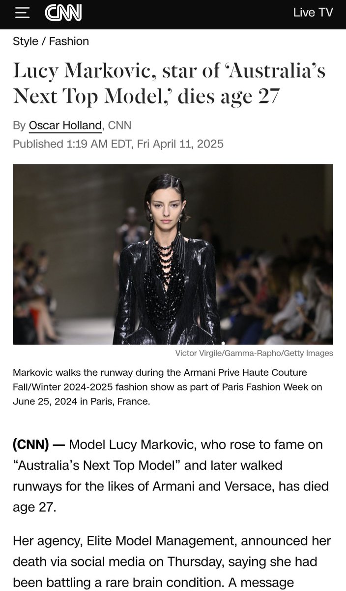 Yikes... Australia's next Top model dead at 27 from a brain condition.

Why are we hearing so many brain conditions recently?