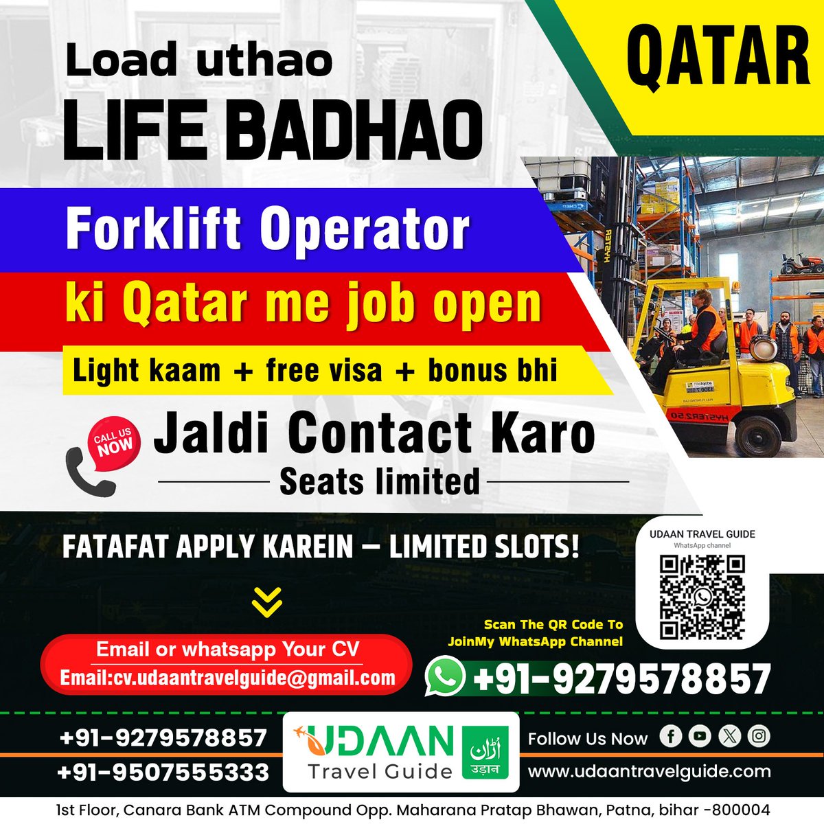 UdaanGuide's tweet photo. 🚛 Load uthao, life badhao!
Exciting job opportunity for Forklift Operators in Qatar is now open! If you've been dreaming of working abroad with light-duty work, a free visa, and attractive bonuses, this is your chance to make it happen. 🌟
#UdaanTravelGuide #WorkInQatar https://t.co/febxoMu1Di