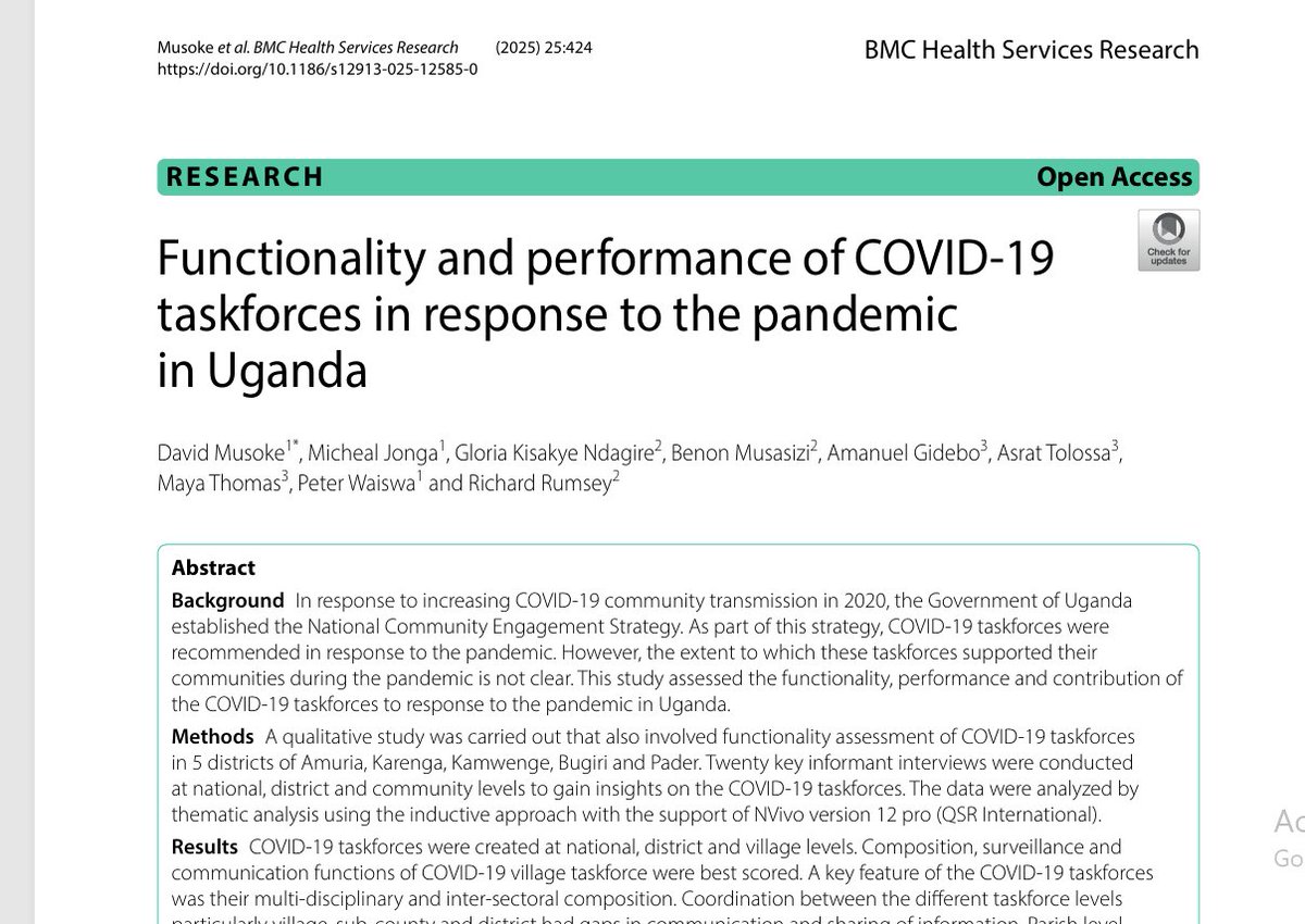 Makerere University School of Public Health (@maksph) on Twitter photo New Study Alert!
Please find a recent study titled Functionality and performance of COVID-19 task forces in response to the pandemic in Uganda, published in the BMC Health Services Journal on 24 March 2025 by our researchers; <a href="/DavidMusoke14/">David Musoke</a>, Micheal Jonga, Gloria Kisakye New Study Alert!
Please find a recent study titled Functionality and performance of COVID-19 task forces in response to the pandemic in Uganda, published in the BMC Health Services Journal on 24 March 2025 by our researchers; <a href="/DavidMusoke14/">David Musoke</a>, Micheal Jonga, Gloria Kisakye
