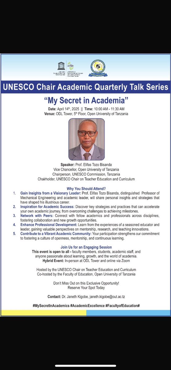 Victorialihiru (@victorialihiru) on Twitter photo 📍A great honour to lead a conversation with Prof. Elifas T. Bisanda — Vice Chancellor of <a href="/Open_univ_tz/">The Open University of Tanzania (OUT)</a> , Chairperson of the UNESCO Commission (Tanzania) and Chairholder of the UNESCO Chair on Teacher Education and Curriculum — during the inaugural Academic Quarterly Talk Series 📍A great honour to lead a conversation with Prof. Elifas T. Bisanda — Vice Chancellor of <a href="/Open_univ_tz/">The Open University of Tanzania (OUT)</a> , Chairperson of the UNESCO Commission (Tanzania) and Chairholder of the UNESCO Chair on Teacher Education and Curriculum — during the inaugural Academic Quarterly Talk Series
