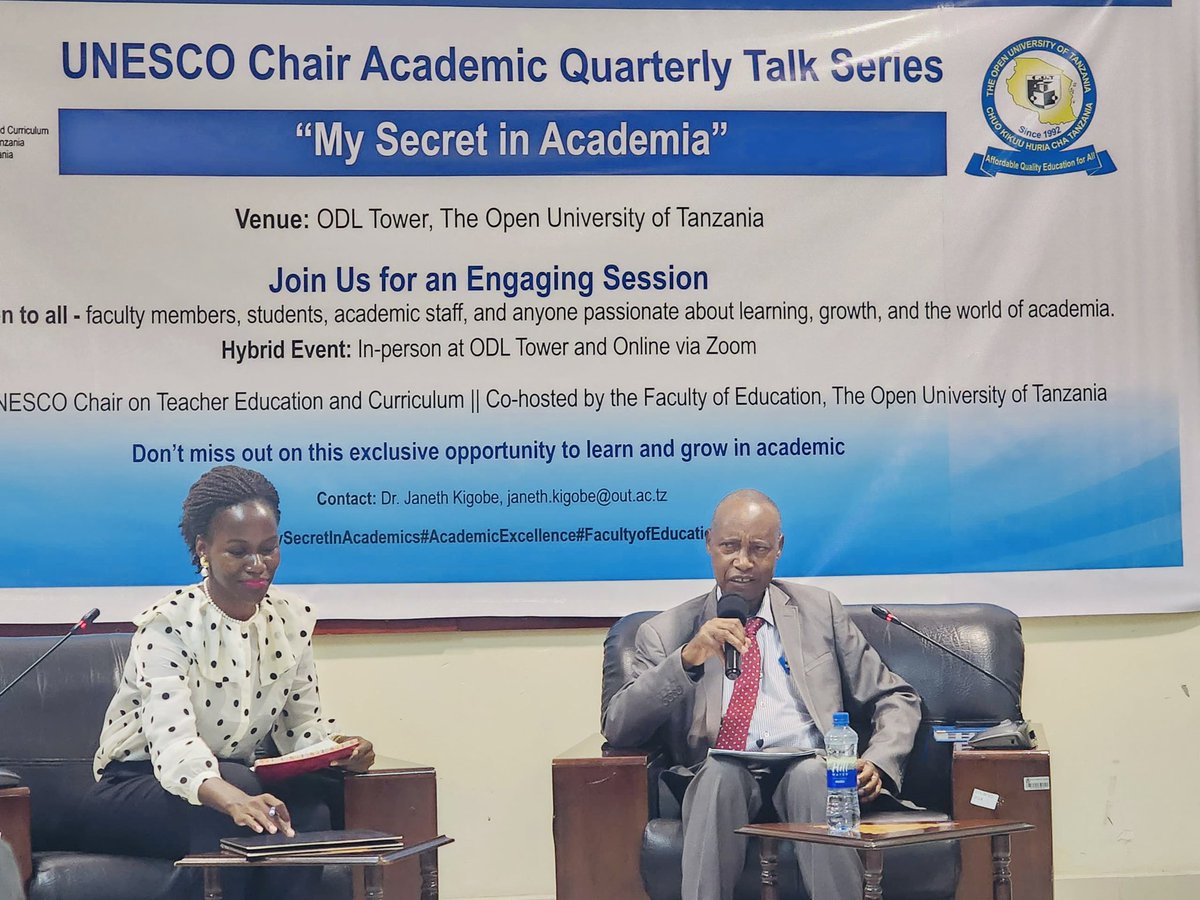 Victorialihiru's tweet photo. 📍A great honour to lead a conversation with Prof. Elifas T. Bisanda — Vice Chancellor of @Open_univ_tz , Chairperson of the UNESCO Commission (Tanzania) and Chairholder of the UNESCO Chair on Teacher Education and Curriculum — during the inaugural Academic Quarterly Talk Series titled ‘My Secret in Academia’.

Myself, fellow academic staff, and invited guests benefited immensely from Prof. Bisanda’s reflections on:

 ✅ His journey into academia and rise to leadership in higher learning institutions

✅ His definition of hard work, its deep connection to rest, and how that balance propelled his publication trajectory to full professorship

✅ The realities of financing research and scholarly publications within universities

✅ What needs to be done to encourage professors to deliver their inaugural lectures

✅ His retirement plan and reflections on legacy

✅ Thoughts on artificial intelligence and how it can be harnessed to increase productivity among students and academics

✅ His highest and lowest moments in his 10-year tenure as Vice Chancellor at the Open University of Tanzania

#lifeinacademia