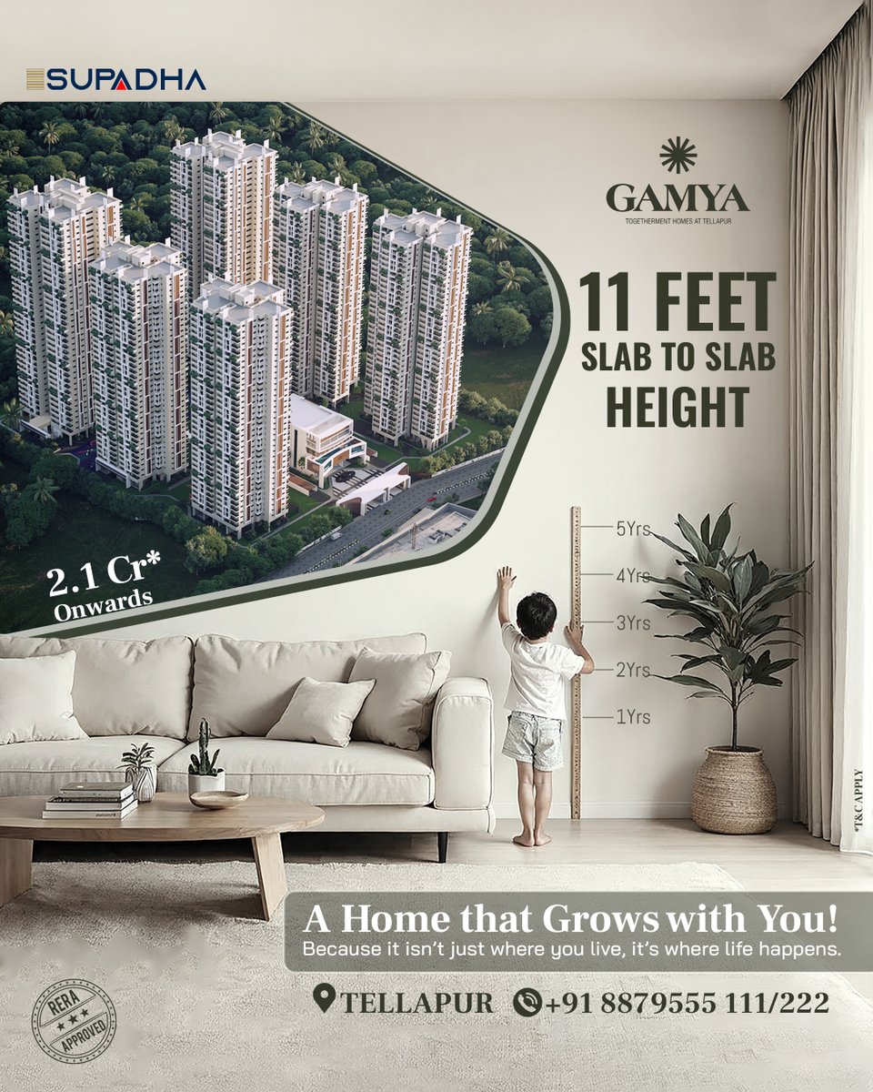 supadha's tweet photo. A Home That Grows with You – GAMYA @ Tellapur!
More than just walls, it's where your family grows &amp; memories bloom.
📍 RERA &amp; HMDA Approved
📞 +91 8879555111 / 222
Book your site visit today! | T&amp;C Apply
#GamyaTellapur #TellapurApartments #SupadhaGamya https://t.co/Iv5BVK83et