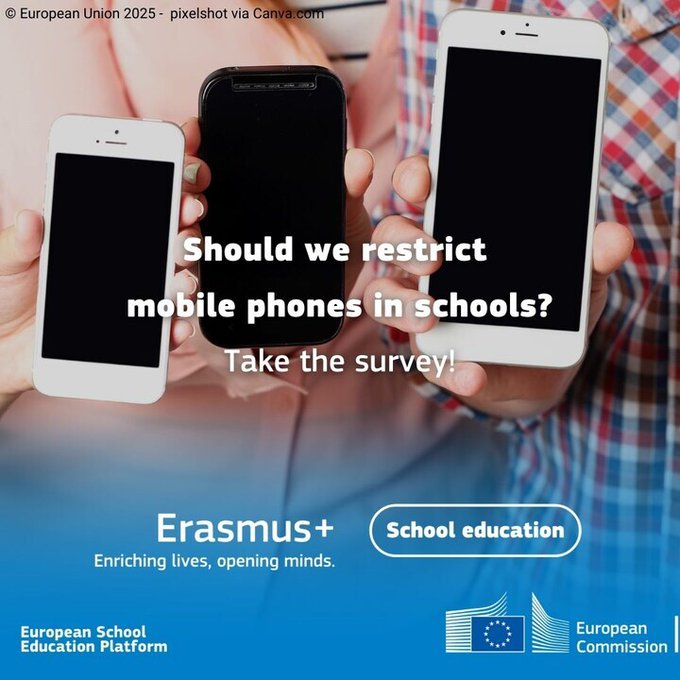 eTwinning_es's tweet photo. 📲¿Qué opinas sobre la forma en que los teléfonos móviles están transformando cómo nos comunicamos y aprendemos?

📝Comparte tu opinión sobre las prohibiciones de los teléfonos móviles, sus usos y más respondiendo a esta encuesta antes del 22 de abril 

🔗https://t.co/gdOH0M29yy https://t.co/qCRi2PHSWv