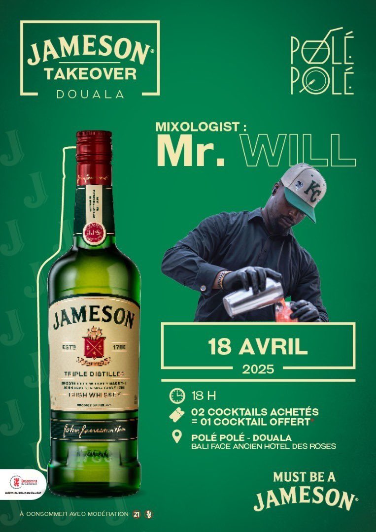 PolePole237's tweet photo. Statistiquement plus de personnes se sont noyé*s dans la mer que dans l’alco*ol .

Le polé-polé vous offre le  Jameson Takeover ce vendredi juste après le boulot 🥳🥳🥳 https://t.co/snreHs76zW
