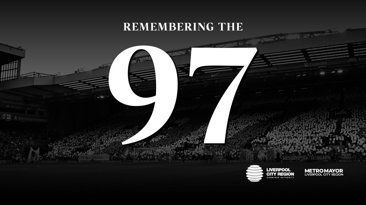 Image of crowd at LFC stadium holding up 97 sign with black overlay. Text reads: Remember the 97. LCR CA and Metro Mayor logos.