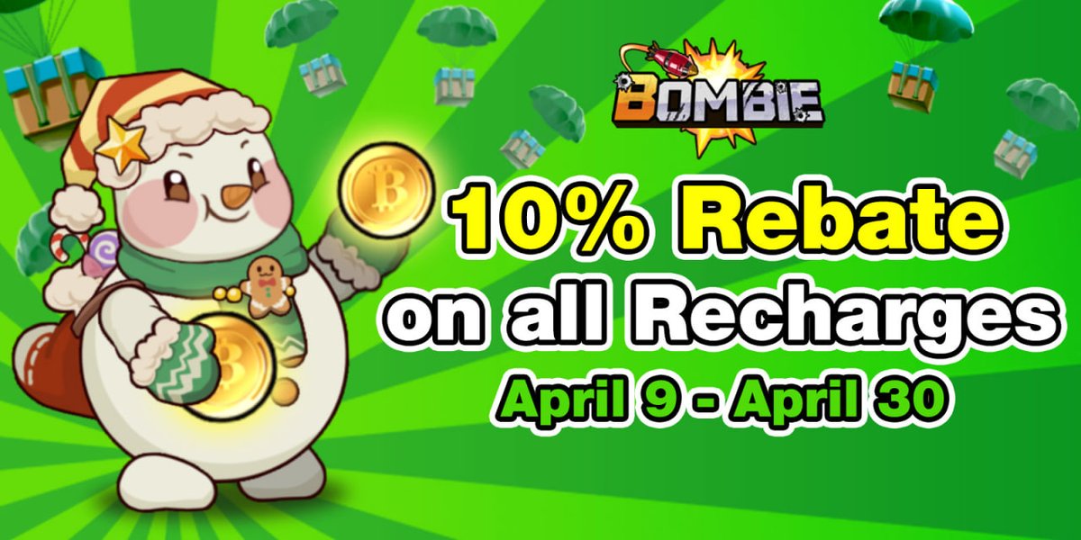 📢 Attention, all Bombers on <a href="/KaiaChain/">Kaia</a>!

From April 9 until April 30, all recharges come with a 10% rebate!
Whether you're paying with your bank card or through Kaia—your 10% rebate is guaranteed.

Rebates will be calculated and delivered within 2 weeks after the event ends.