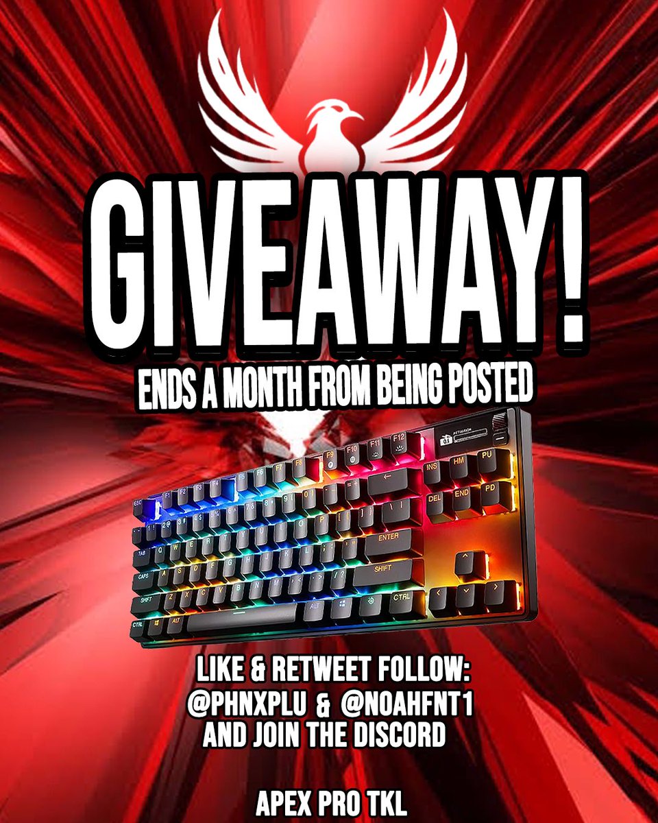 PHNXesportss's tweet photo. It’s Giveaway Time!

Thank you for all the support
We want to repay you with a chance
To win a brand new Apex Pro Tkl

Steps to enter 👇

Follow @PHNXplu & @Noahfnt1 
Like & Retweet & Follow 
Tag your duo 

Join the discord in our bio

Winner will be drawn 15.05.25

Goodluck! 
Let us know why you want to win
