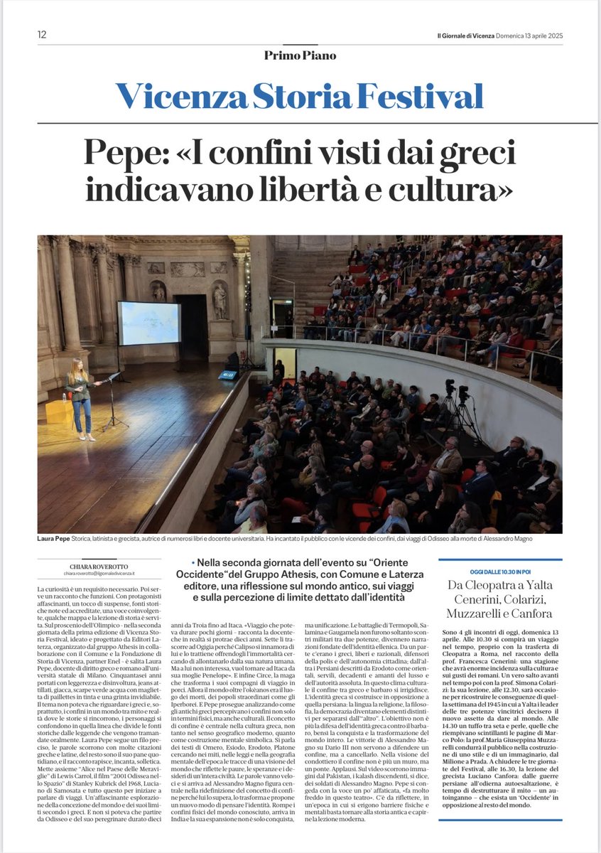 ⁦<a href="/GiornaleVicenza/">Il Giornale di Vicenza</a>⁩ ⁦<a href="/editorilaterza/">Editori Laterza</a>⁩ ⁦<a href="/CittadiVicenza/">Città di Vicenza</a>⁩ ⁦<a href="/EnelGroupIT/">Enel Group</a>⁩ La grecista Laura Pepe a Vicenza Storia Festival ha parlato dei confini, dei viaggi partendo da Odisseo e della percezione del limite dettato dall’ identità.