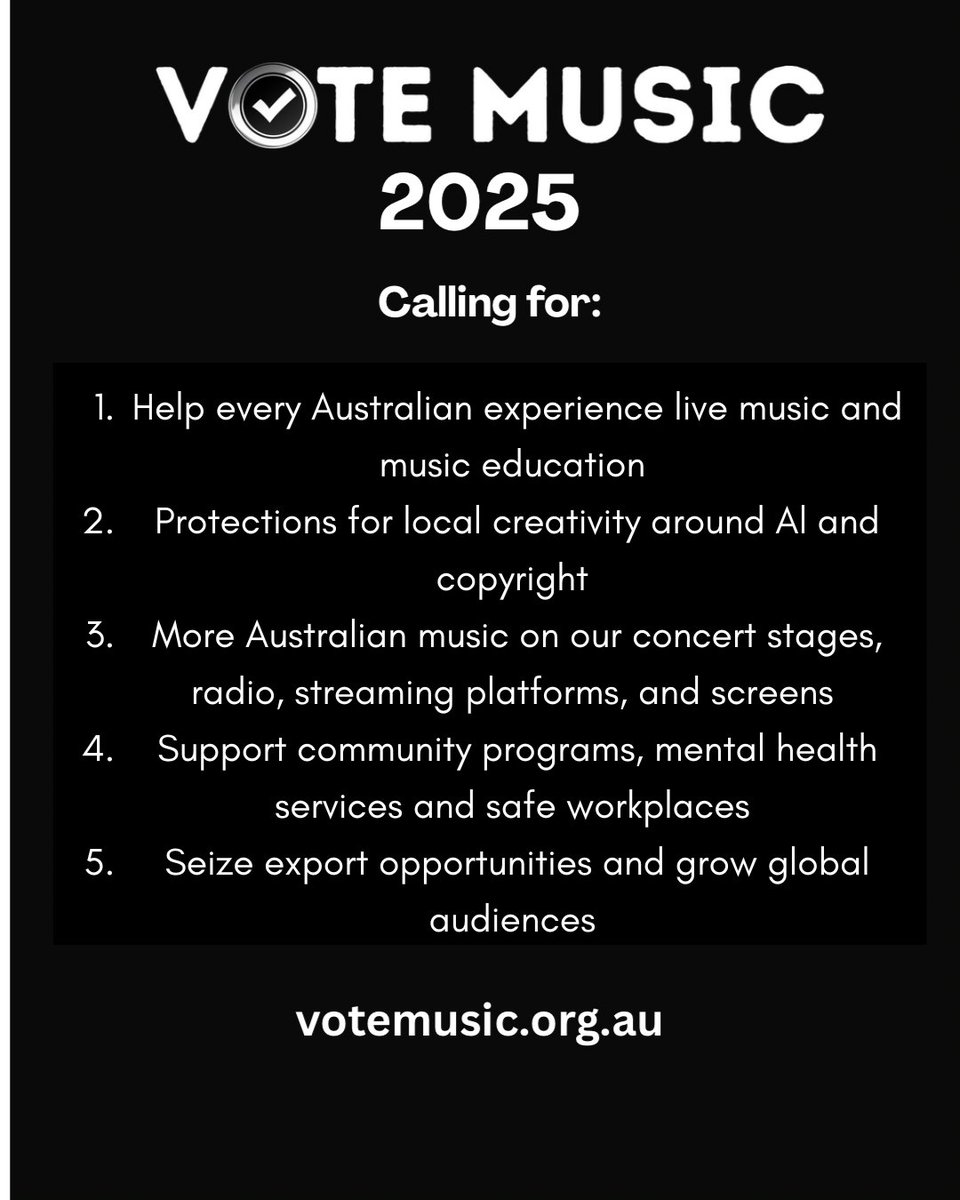 This election is a critical moment for the future of Australian music. Vote Music 2025 urges all political parties to commit to a stronger future for Australian music, where our artists are recognised at home and abroad.

Read statement and take action: votemusic.org.au
