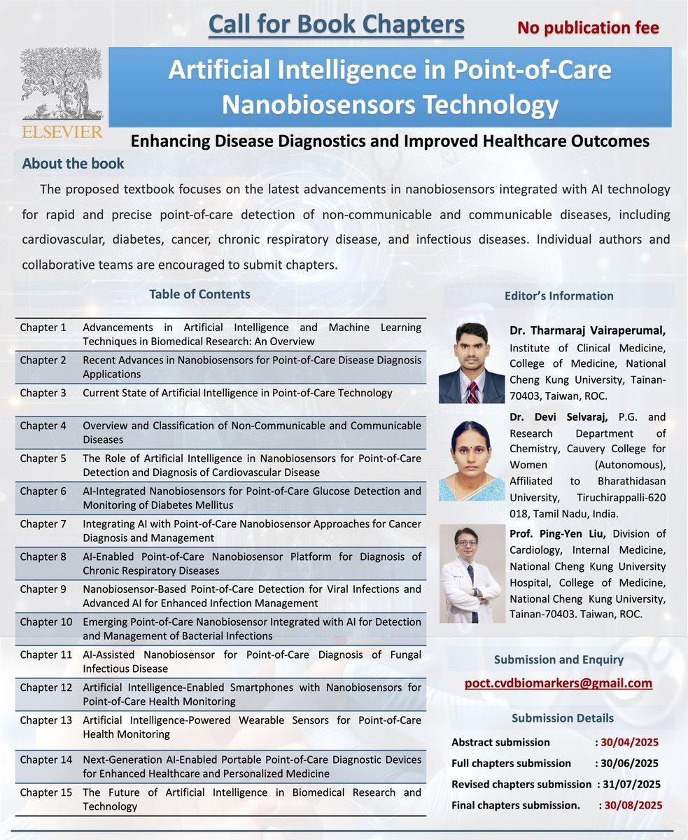 tharmachem's tweet photo. Call for Book Chapters with ELSEVIER.
We have extended the deadline for abstract submissions to April 30, 2025. 
For any inquiries, please reach out via email. poct.cvdbiomarkers@gmail.com 
Please note that there are no processing or publication fees associated with this book. https://t.co/TUU13zwI41