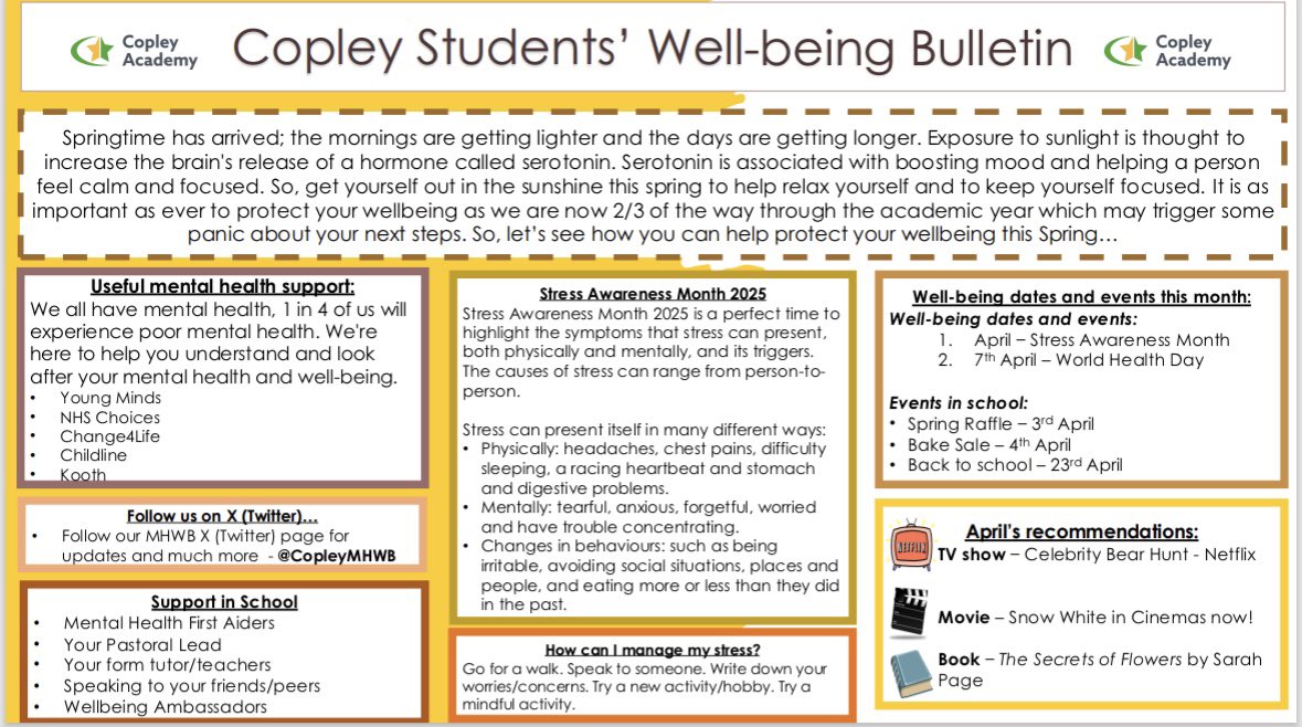 CopleyMHWB's tweet photo. A reminder of this month’s wellbeing bulletin &amp; to raise awareness of stress and how to manage it 🐣🧡 https://t.co/2X2s8w6nfi