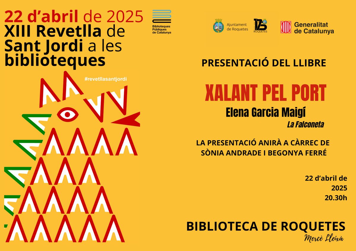 🌹Revetlla de Sant Jordi 2025 a Roquetes!

Presentació del llibre "Xalant pel Port" d'Elena Garcia Maigí – La Falconeta, amb la participació de Sònia Andrade i Begonya Ferré. 

<a href="/bibliotequescat/">Biblioteques</a> 
#Roquetes #Cultura #Llibres #SantJordi2025 #LaFalconeta #XalantPelPort #TerresdelEbre